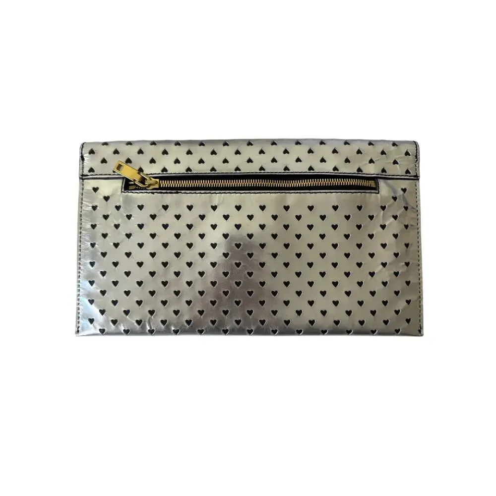 J.CREW 100% Leather Heart Clutch Purse Silver Style A7607